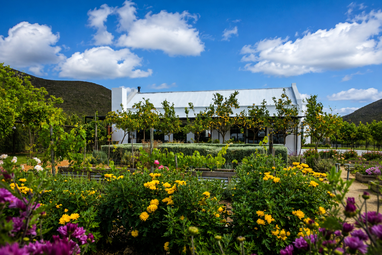 Flute Cottage beyond the colourful garden at Klawerjas
