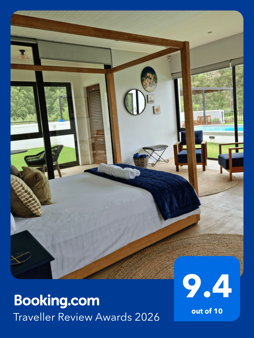 Booking.com Traveller Review Award 2026 for Blue Strings Room, rated 9.4 out of 10